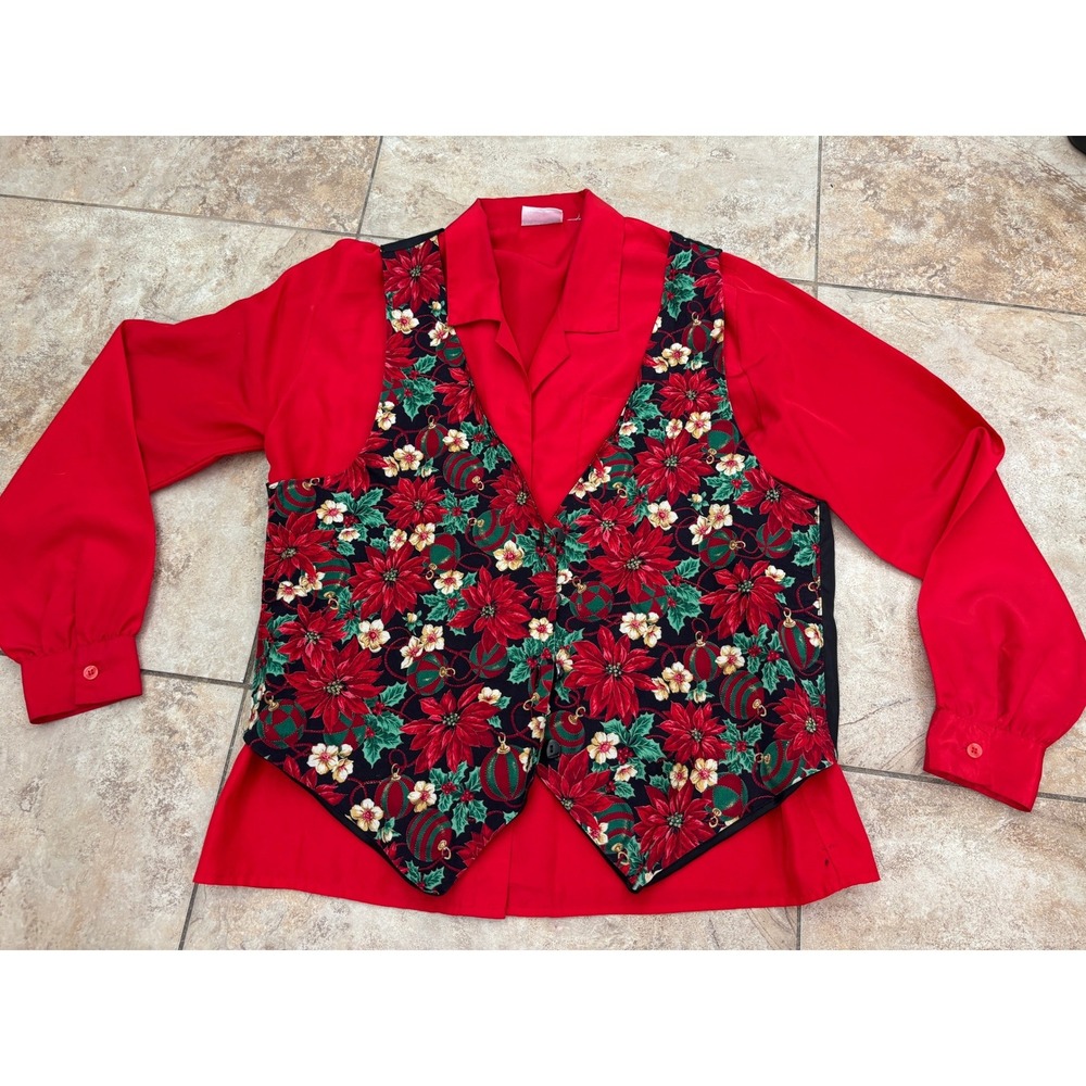 Avon Fashions Red Blouse & Westbury Christmas Poinsettia Vest Set  Est Large 2pc
